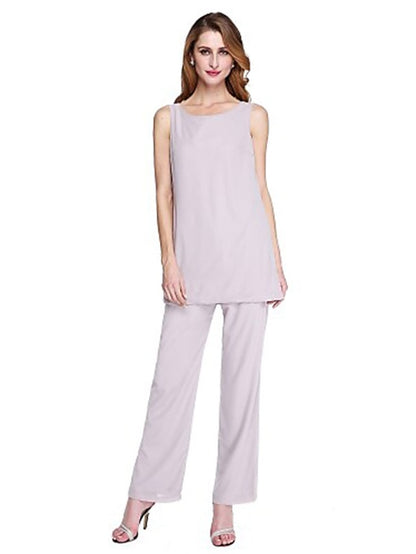 Jumpsuit / Pantsuit Mother of the Bride Dress Plus Size Elegant Bateau Neck Floor Length Chiffon Sleeveless yes with Solid Color 2023 - LuckyFash™