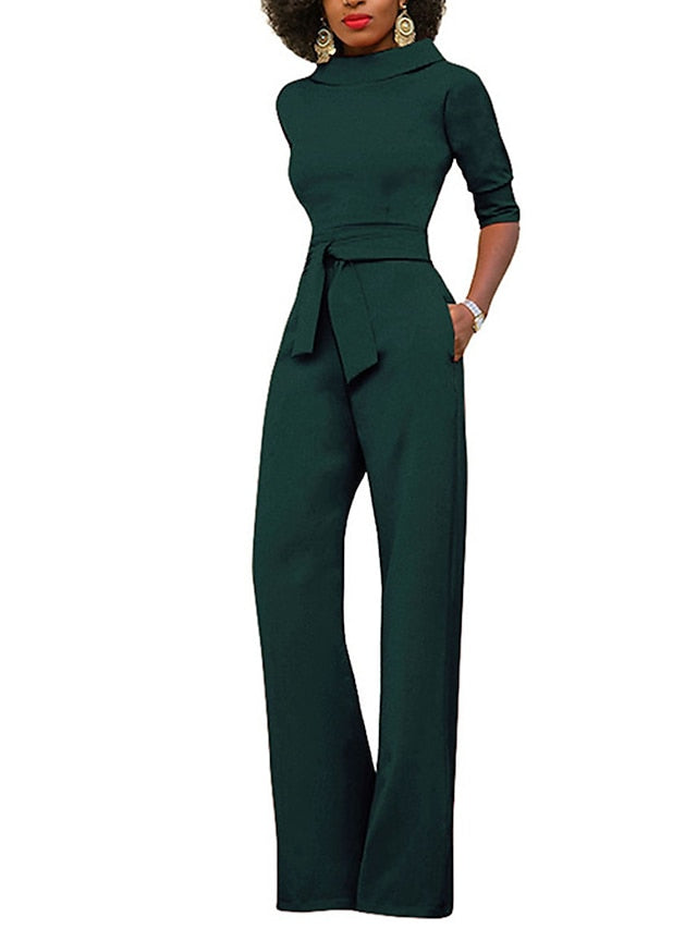 Jumpsuits for Women Summer Dressy Clean Fit Pocket High Waist Solid Color Stand Collar Business Office Work Regular Fit Half Sleeve Black White Yellow S M L - LuckyFash™