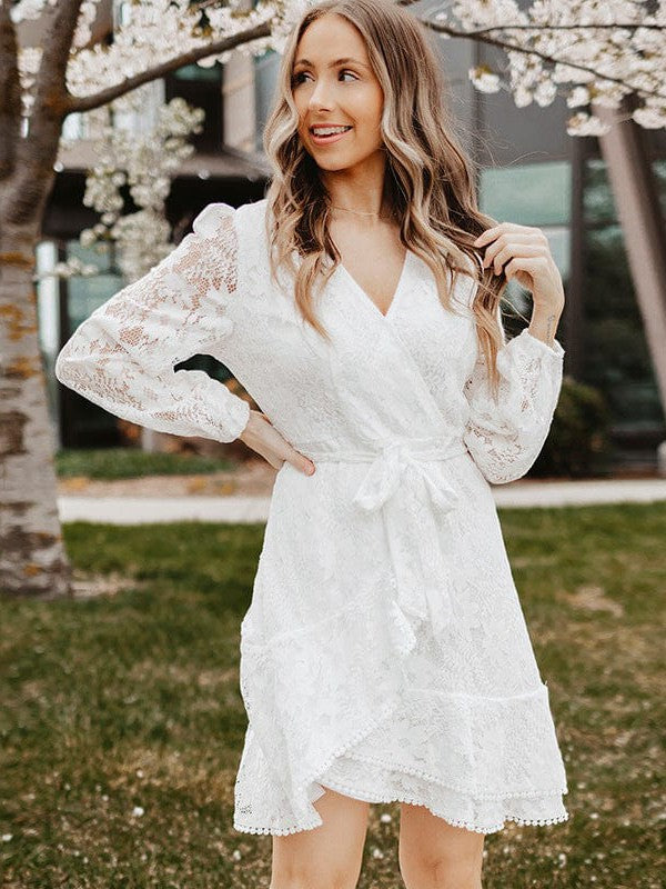 V-neck Lace Patchwork Waist Strap Short Dress for Women