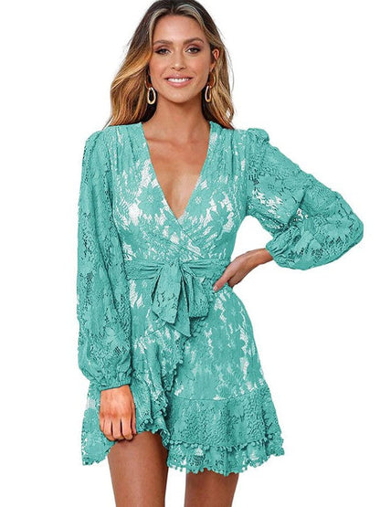 V-neck Lace Patchwork Waist Strap Short Dress for Women