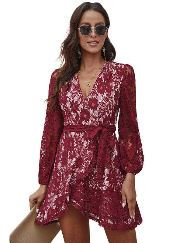 V-neck Lace Patchwork Waist Strap Short Dress for Women