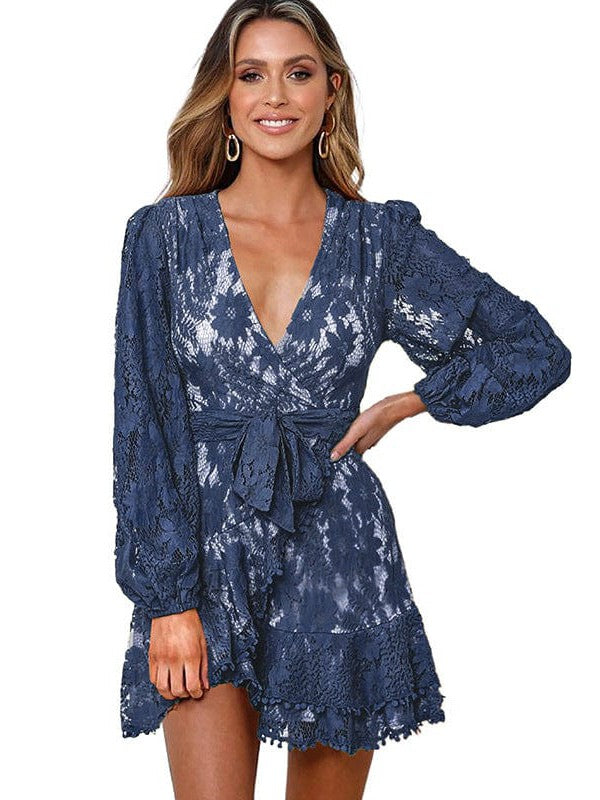V-neck Lace Patchwork Waist Strap Short Dress for Women