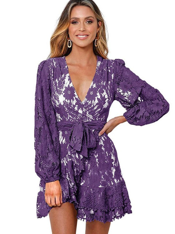 V-neck Lace Patchwork Waist Strap Short Dress for Women