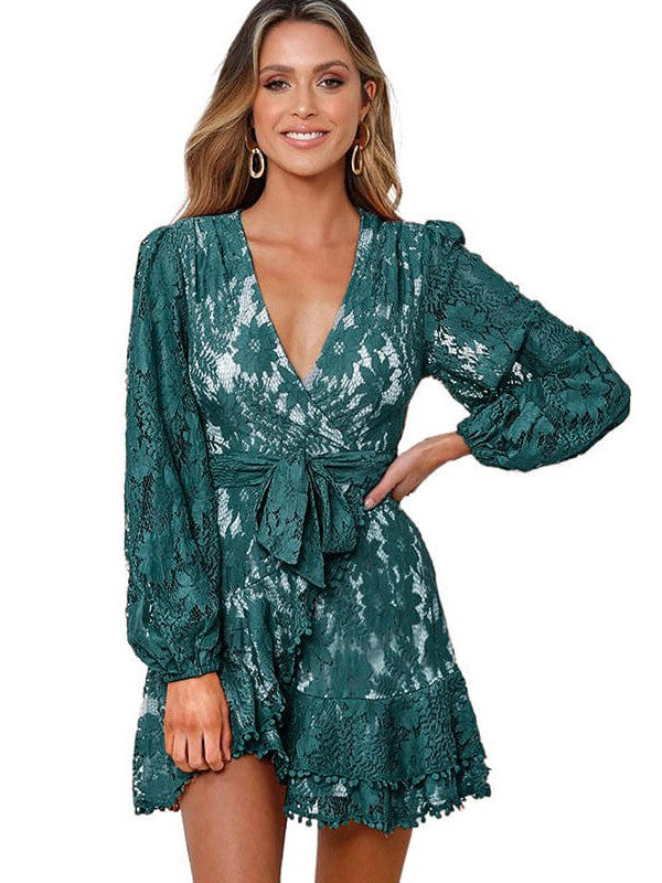 V-neck Lace Patchwork Waist Strap Short Dress for Women