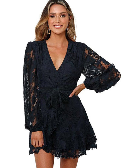 V-neck Lace Patchwork Waist Strap Short Dress for Women