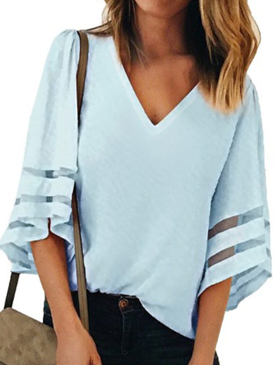V-Neck Mesh Flare Sleeve Chiffon Loose Blouse