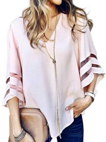 V-Neck Mesh Flare Sleeve Chiffon Loose Blouse