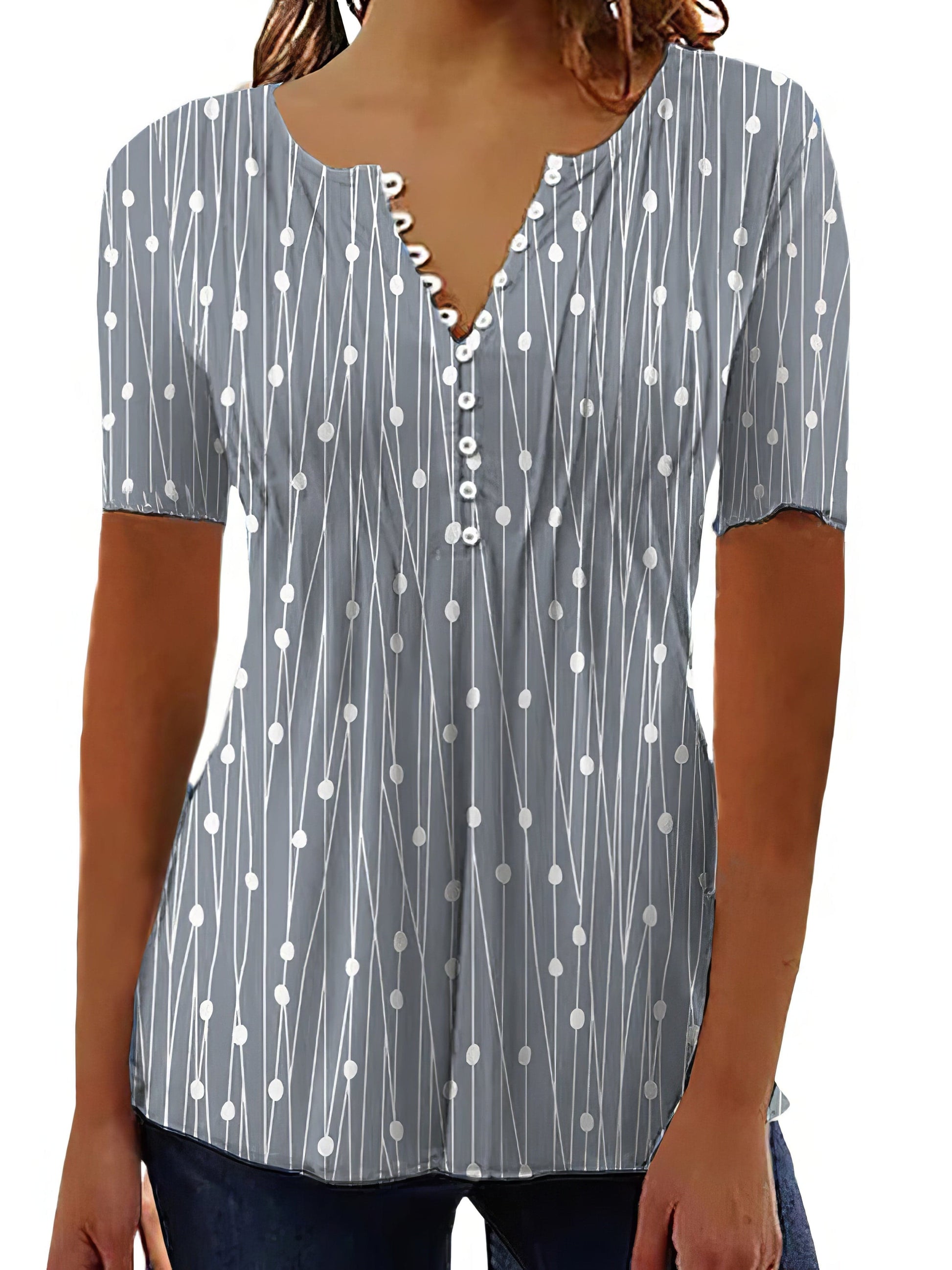 V-Neck Polka Dot Printed Button Short Sleeve Blouse