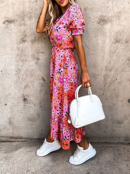 V-neck Print Split Long Dress