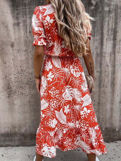 V-neck Print Split Long Dress