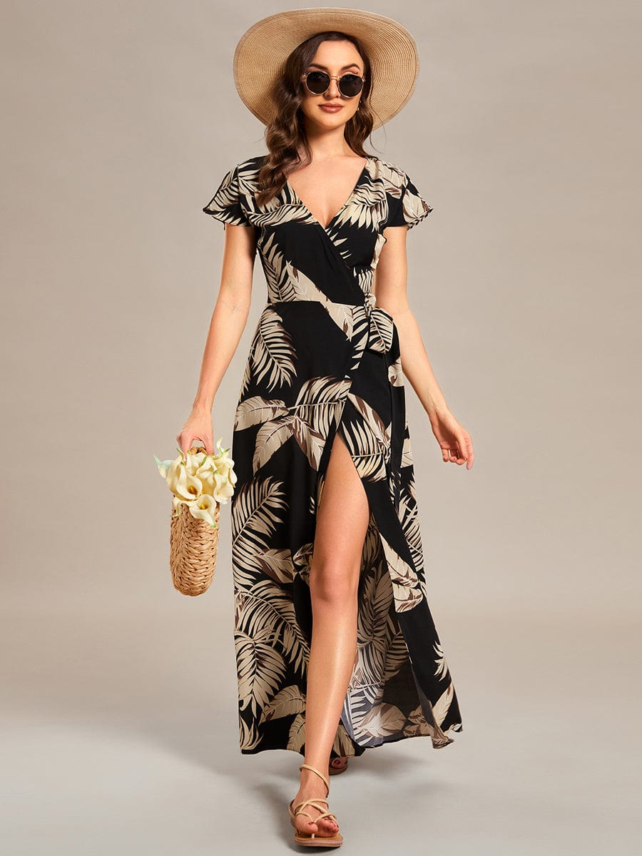 V-Neck Printed Cocktail Dress with Side Split