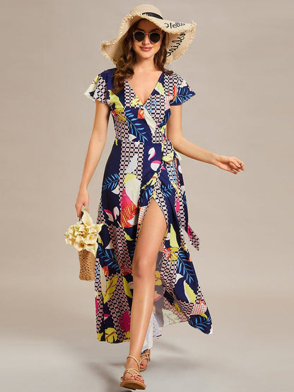 V-Neck Printed Cocktail Dress with Side Split