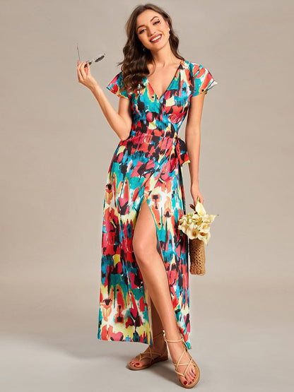 V-Neck Printed Cocktail Dress with Side Split