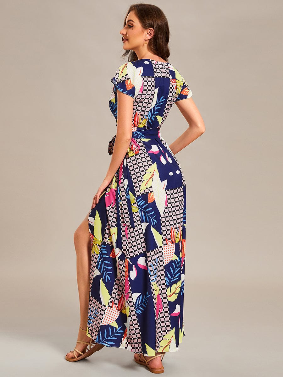V-Neck Printed Cocktail Dress with Side Split