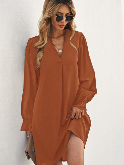 V Neck Ruffle Sleeve Shirt Dress with Split Detail