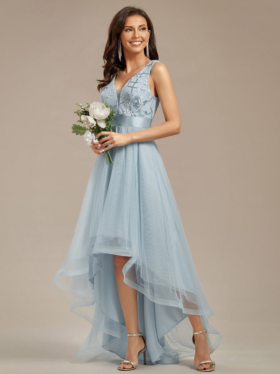 V-Neck Sequin Embellished Tulle High-Low Formal Dress