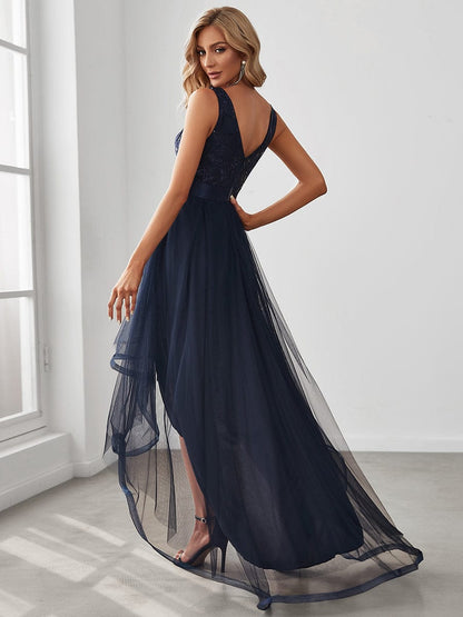 V-Neck Sequin Embellished Tulle High-Low Formal Dress