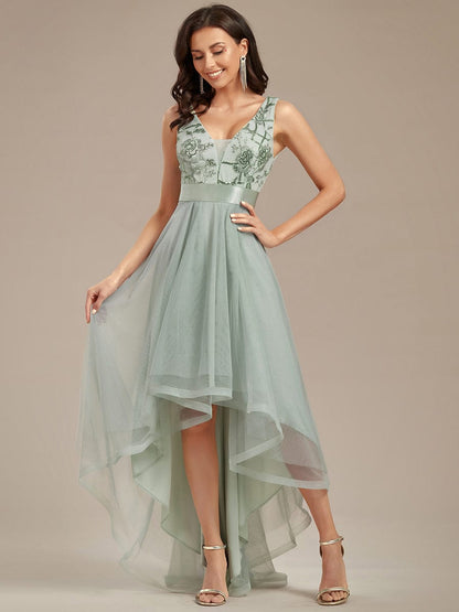 V-Neck Sequin Embellished Tulle High-Low Formal Dress