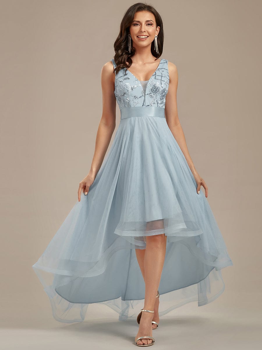 V-Neck Sequin Embellished Tulle High-Low Formal Dress