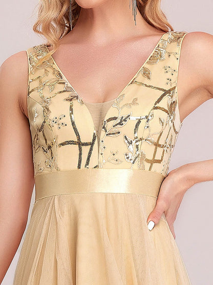 V-Neck Sequin Embellished Tulle High-Low Formal Dress