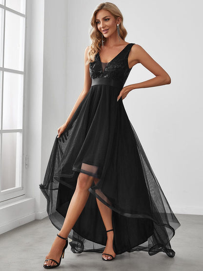V-Neck Sequin Embellished Tulle High-Low Formal Dress