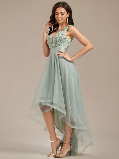 V-Neck Sequin Embellished Tulle High-Low Formal Dress