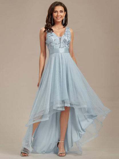 V-Neck Sequin Embellished Tulle High-Low Formal Dress
