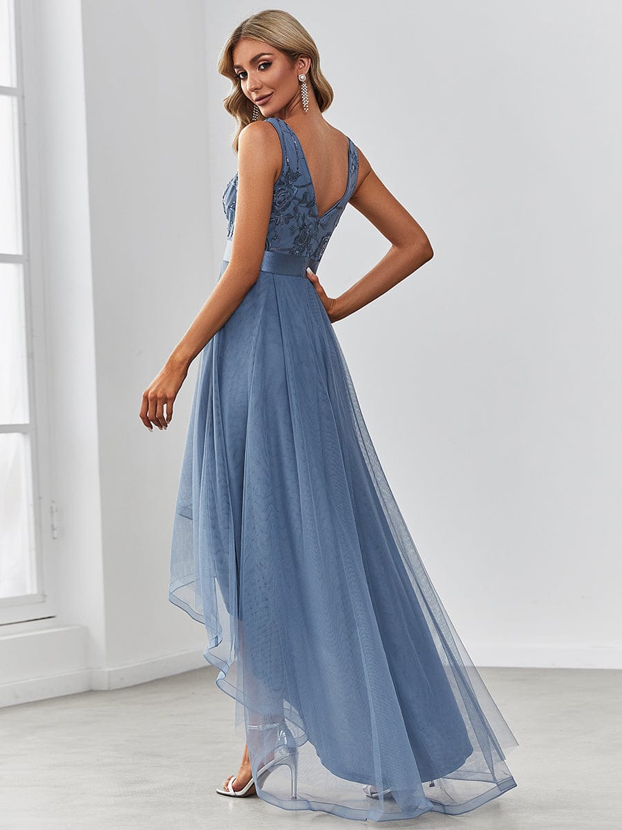 V-Neck Sequin Embellished Tulle High-Low Formal Dress