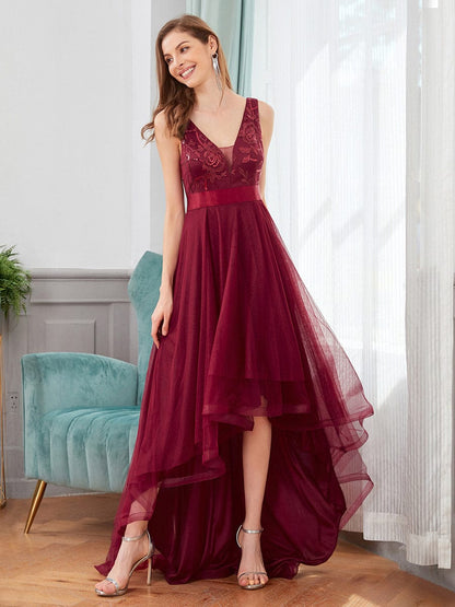 V-Neck Sequin Embellished Tulle High-Low Formal Dress