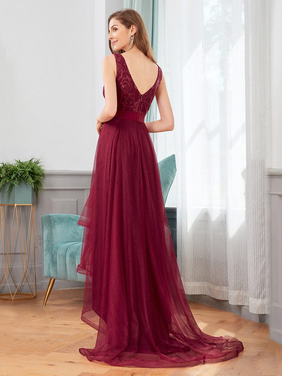 V-Neck Sequin Embellished Tulle High-Low Formal Dress
