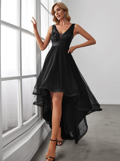 V-Neck Sequin Embellished Tulle High-Low Formal Dress