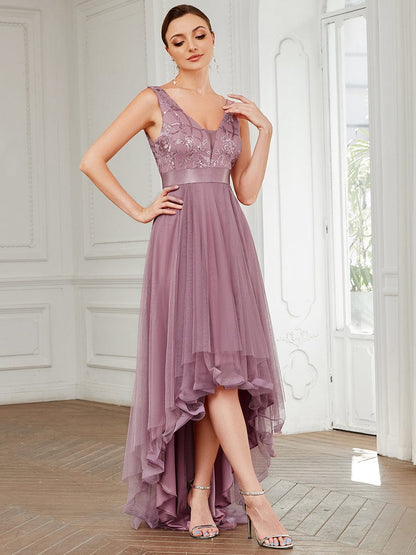 V-Neck Sequin Embellished Tulle High-Low Formal Dress
