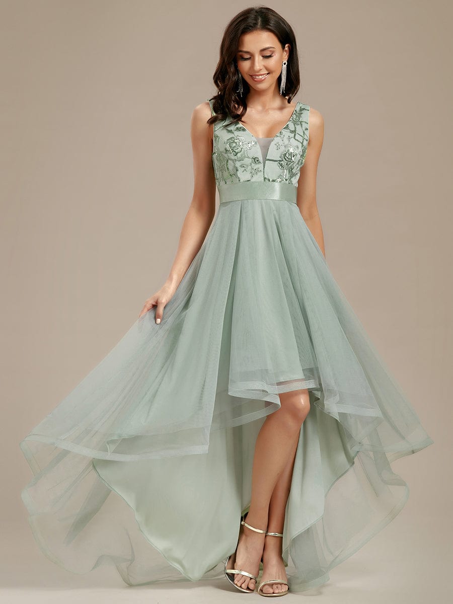 V-Neck Sequin Embellished Tulle High-Low Formal Dress