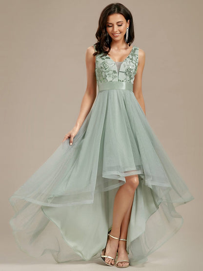 V-Neck Sequin Embellished Tulle High-Low Formal Dress