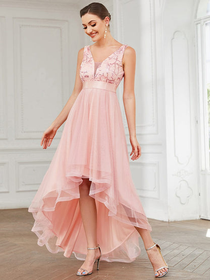 V-Neck Sequin Embellished Tulle High-Low Formal Dress