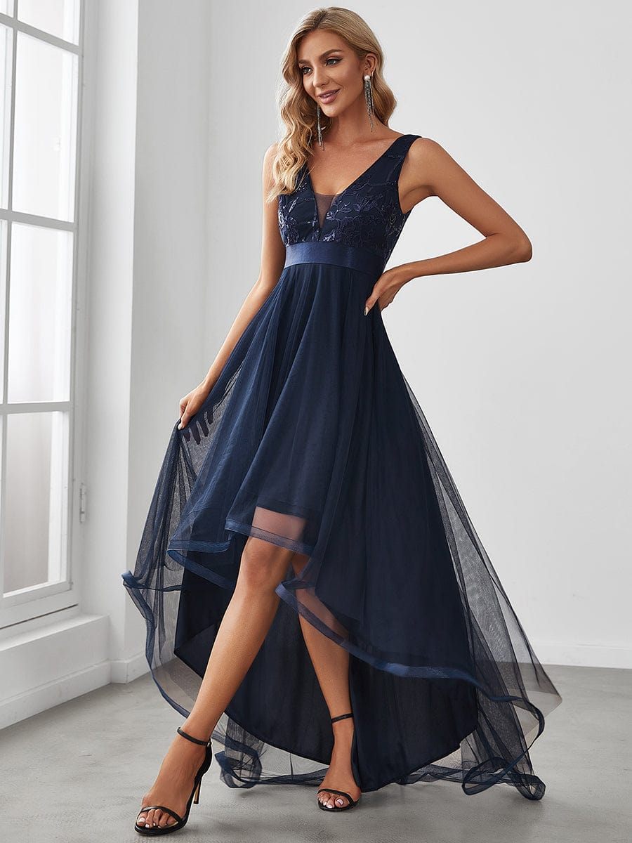 V-Neck Sequin Embellished Tulle High-Low Formal Dress
