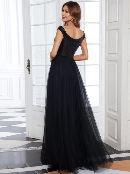V Neck Sequin High Waist Evening Gown