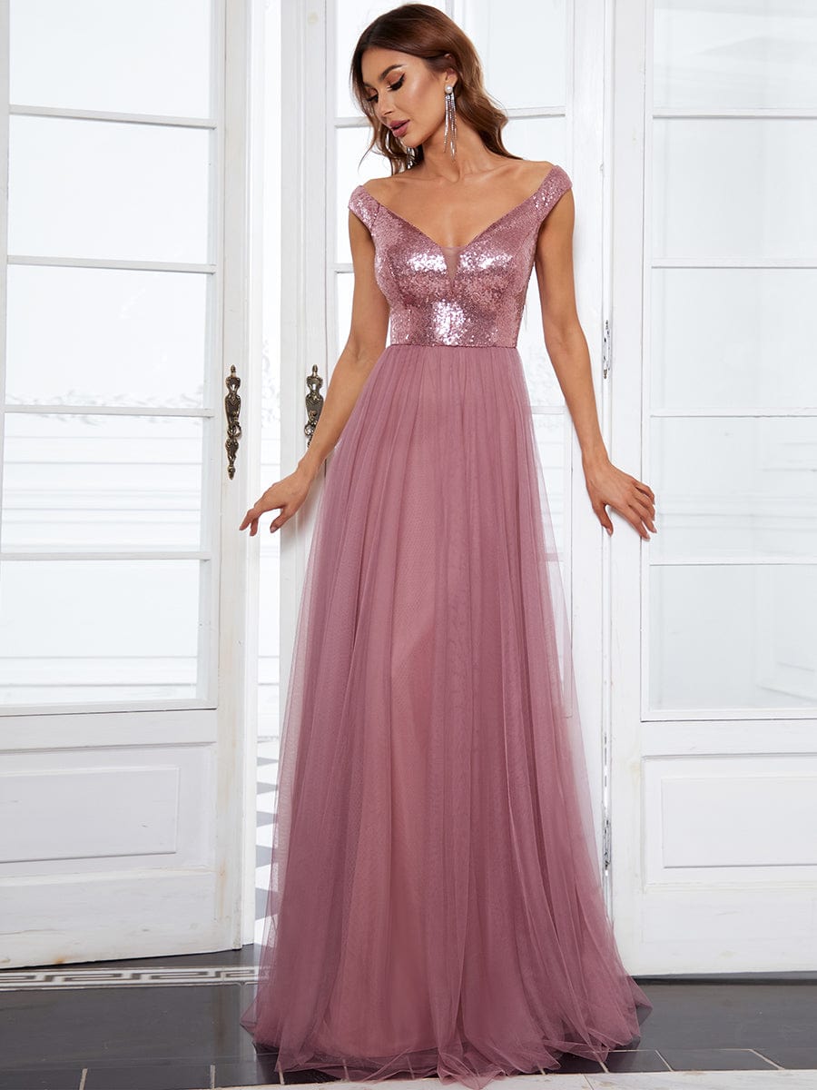 V Neck Sequin High Waist Evening Gown