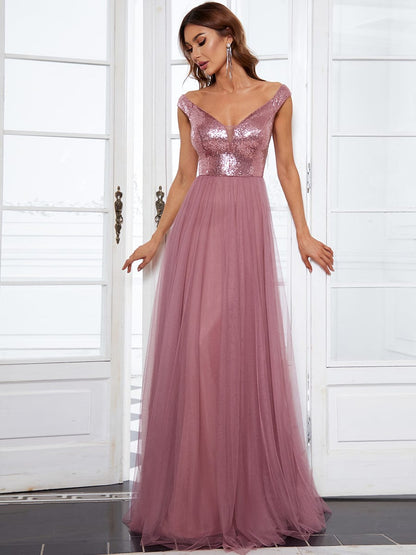 V Neck Sequin High Waist Evening Gown