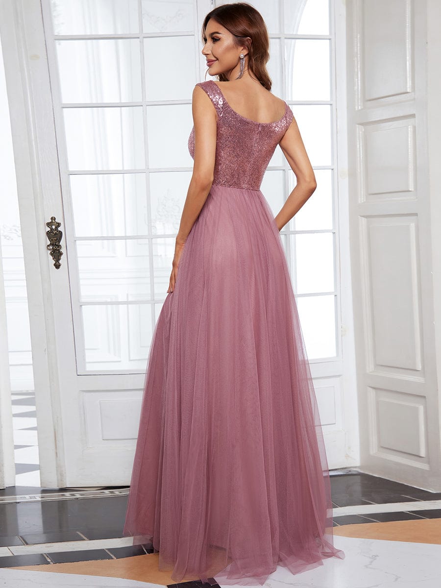 V Neck Sequin High Waist Evening Gown