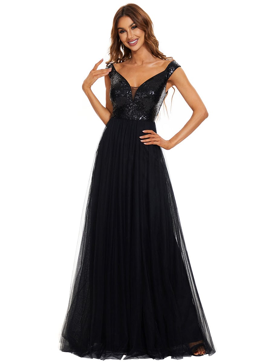 V Neck Sequin High Waist Evening Gown