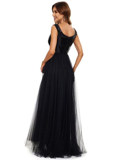 V Neck Sequin High Waist Evening Gown