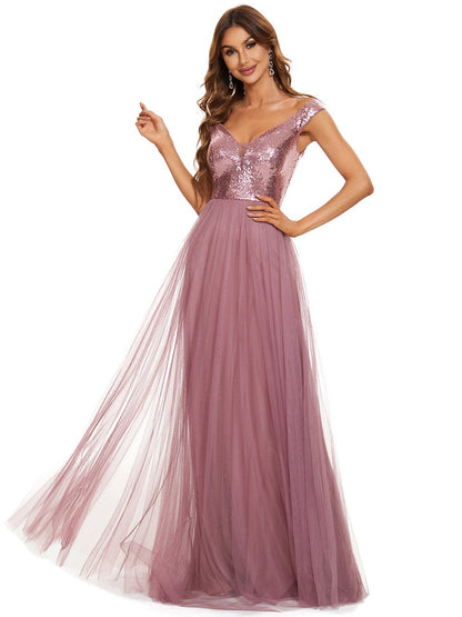 V Neck Sequin High Waist Evening Gown