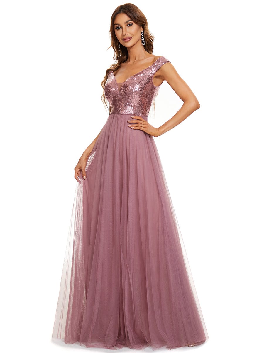 V Neck Sequin High Waist Evening Gown