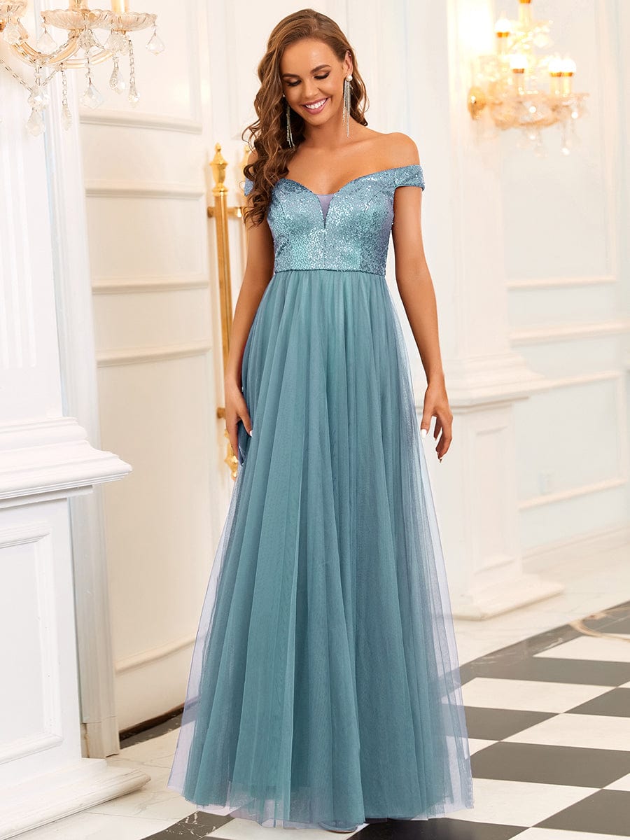 V Neck Sequin High Waist Evening Gown