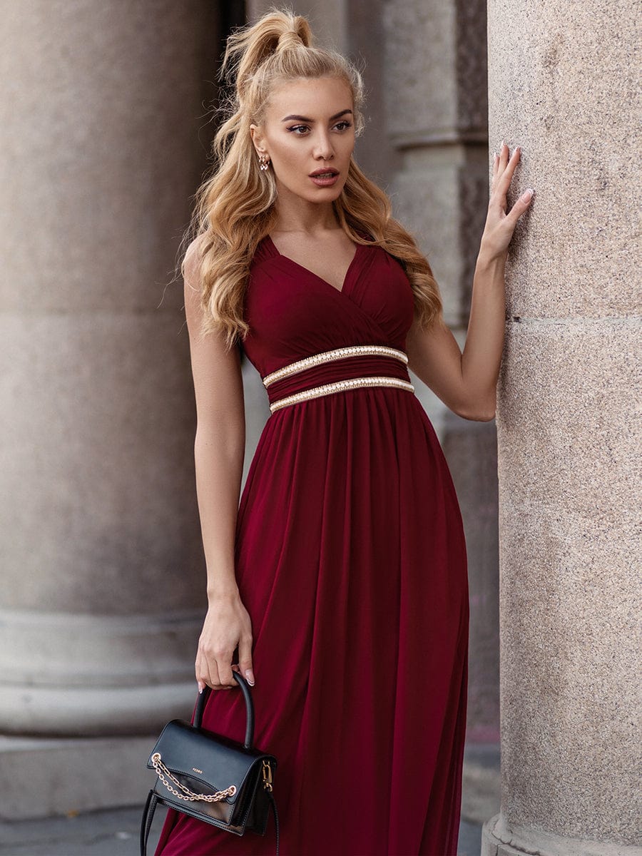 V Neck Sleeveless Floor Length Wholesale Bridesmaid Dress