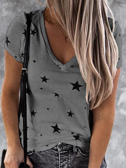 T-shirts - V-neck Star Print Short-sleeved T-shirt - MsDressly