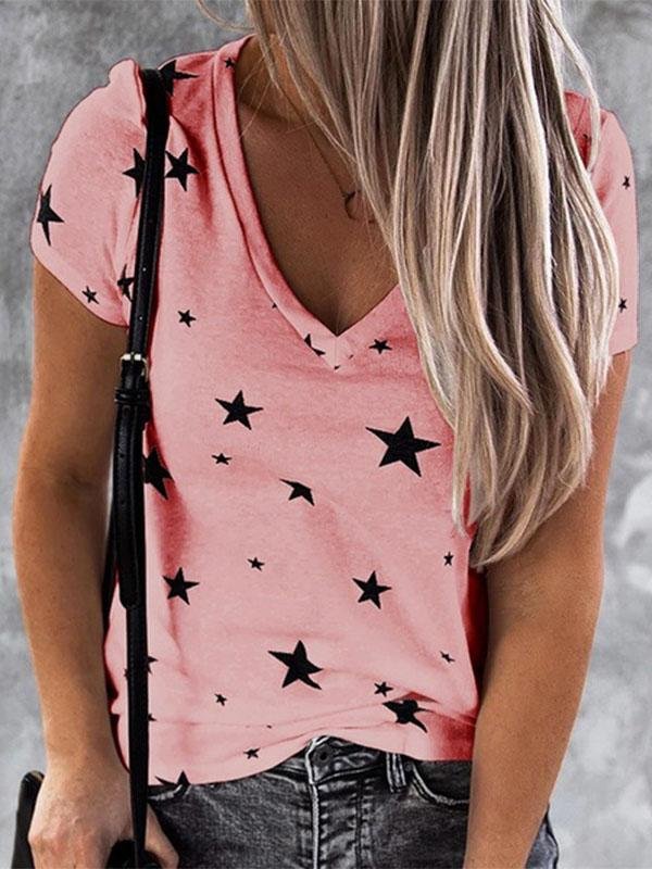 T-shirts - V-neck Star Print Short-sleeved T-shirt - MsDressly
