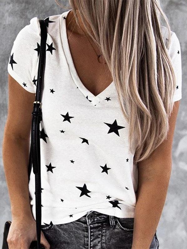 T-shirts - V-neck Star Print Short-sleeved T-shirt - MsDressly