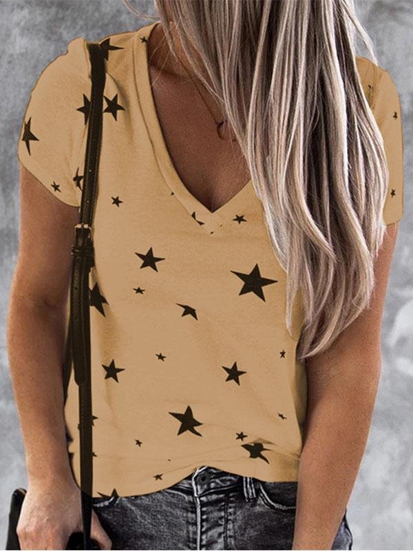 T-shirts - V-neck Star Print Short-sleeved T-shirt - MsDressly